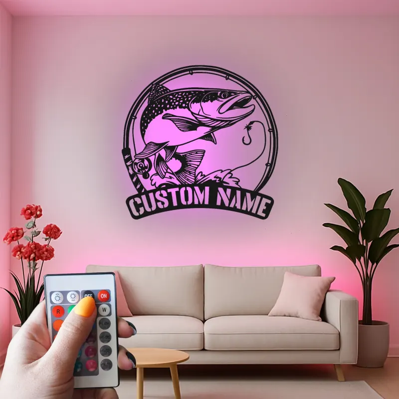 Panneau de pêche personnalisé avec LED | Décoration murale en métal sur mesure | Déco de maison de lac et salle de loisirs | Cadeau pour pêcheur