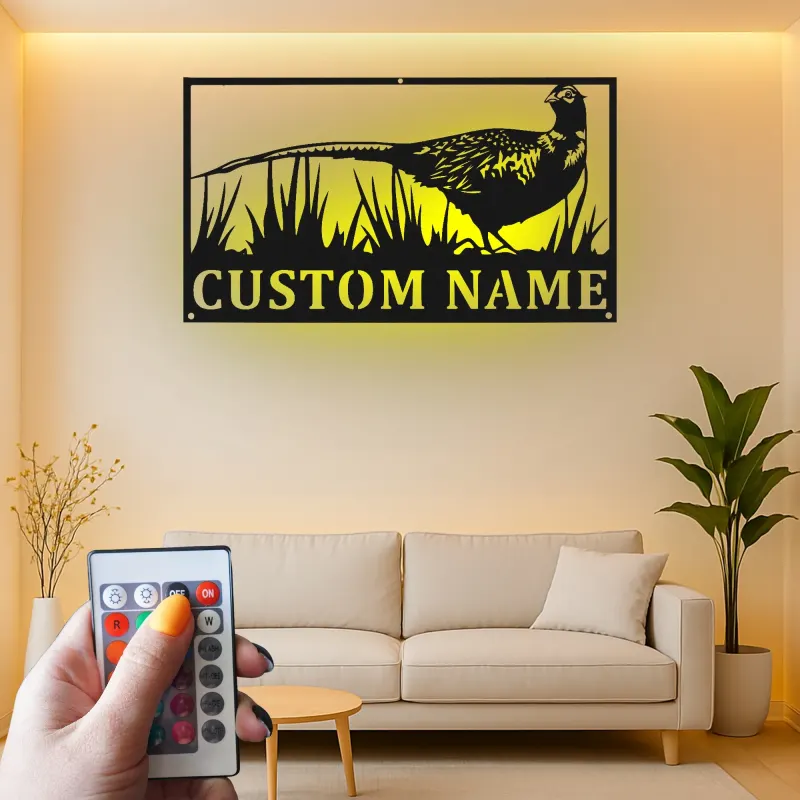 Fasan Metall Wandkunst | Personalisiertes LED-Schild für die Hütte | Individuelles Geschenk für Jäger & Lodge-Dekor