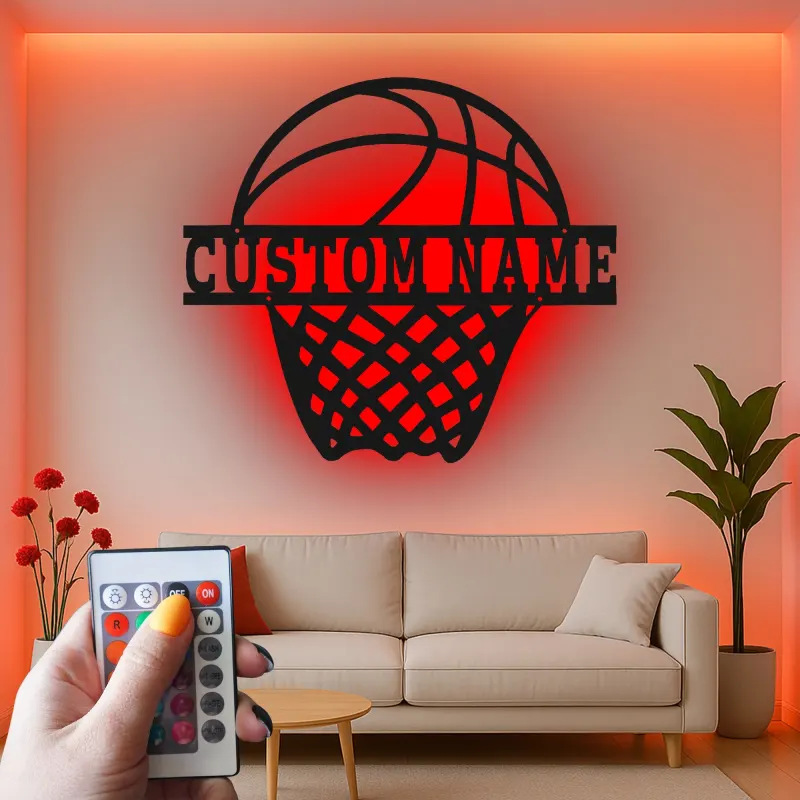 Cartel de metal personalizado de aro de baloncesto con luz LED, regalo deportivo personalizado para atletas, decoración para sala de juegos
