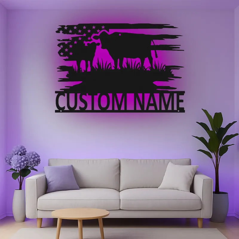 Décoration murale en métal personnalisée avec vache et veau en rétroéclairage - Cadeau pour agriculteurs - Décor de maison de campagne rustique