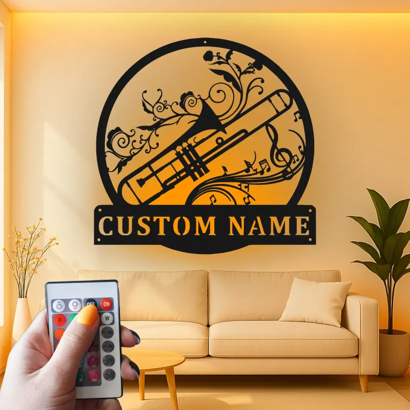 Cartel de metal LED personalizado de trombón, regalo para músicos, decoración de sala de música para amantes de la música
