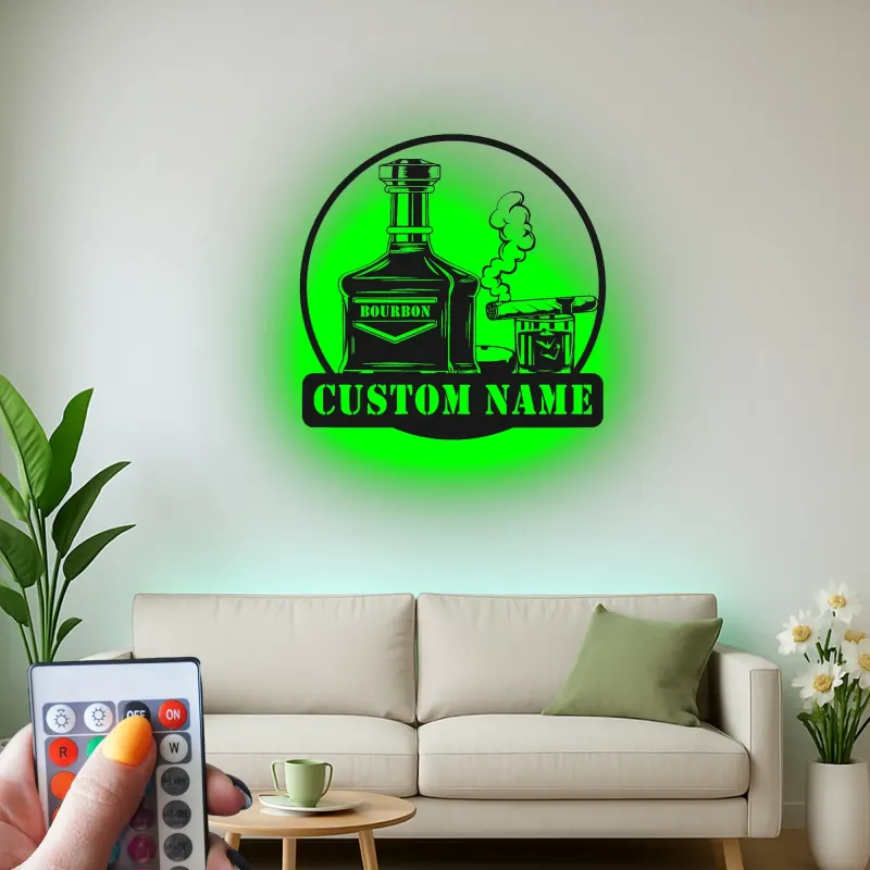 Décoration murale en métal personnalisée avec éclairage LED pour amateurs de bourbon et de cigares
