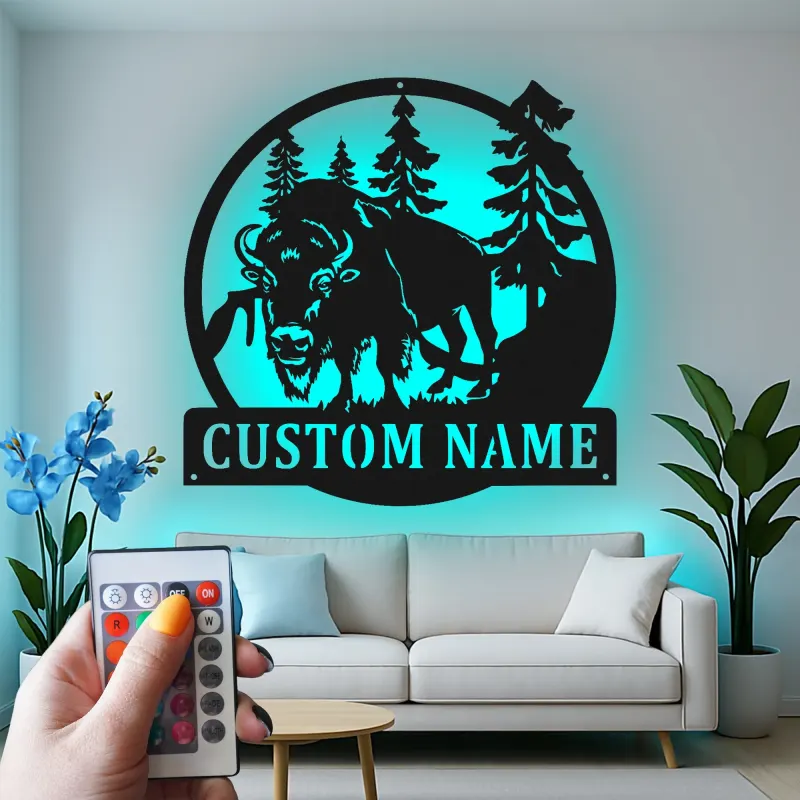 Décoration murale en métal personnalisée avec un bison en forêt, rétroéclairage LED, cadeau de faune personnalisé pour les amoureux de la nature, décoration de cabane