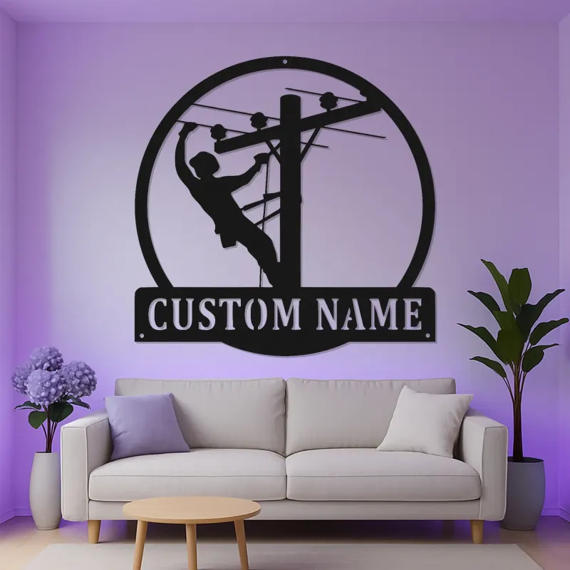 Lineman LED Metal Wall Art | Personalized Utility Worker Gift | Custom Name Powerline Technician Sign for Man Cave or Office Decor