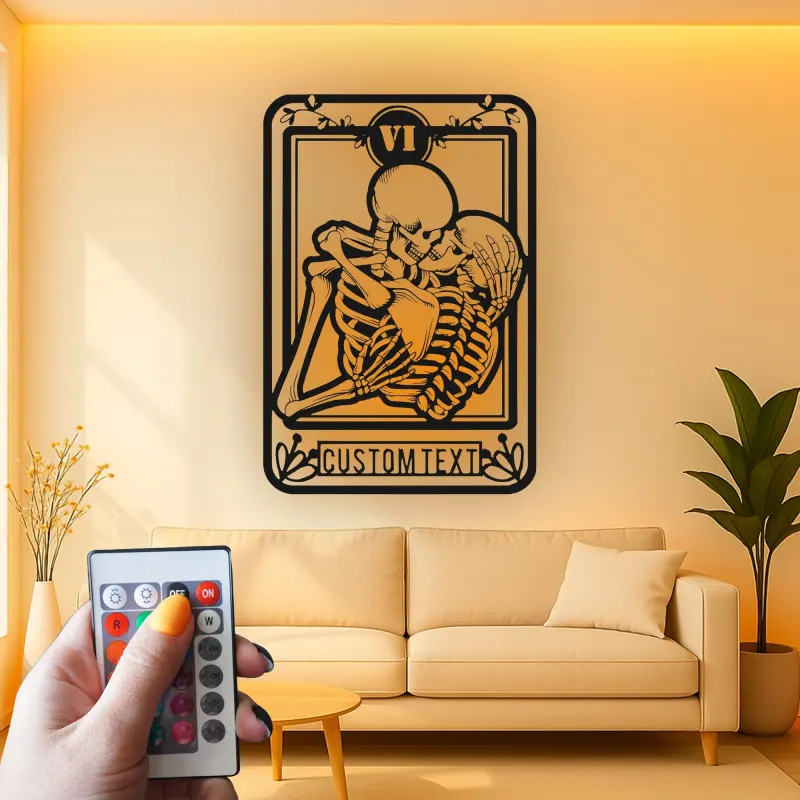 Gothic Skeleton Lovers Tarot-Kartenschild | Personalisierte LED Metall-Wandkunst | Romantische Totenkopf-Paar-Dekoration | Individuelles Jubiläumsgeschenk