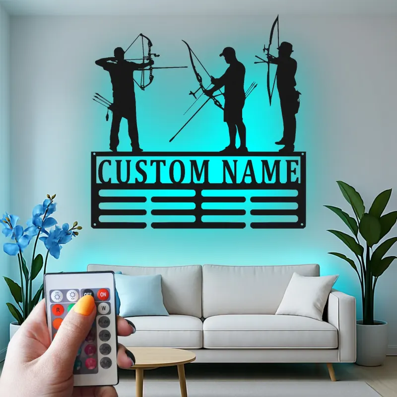 Cartel de metal personalizado con silueta de arquería y luz LED, regalo personalizado para arqueros, decoración para sala de juegos o man cave