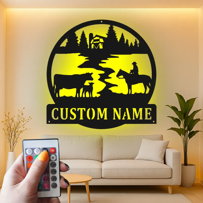 Cartel de metal LED con escena de rancho personalizado, regalo rústico para vaqueros, decoración de granja para amantes del rancho