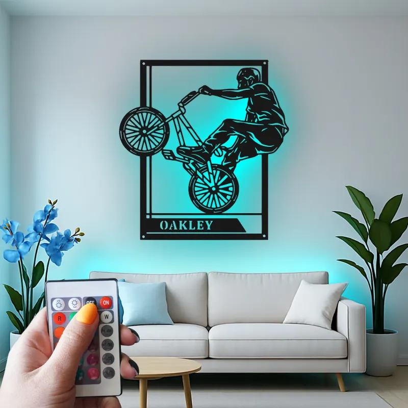 Custom BMX Rider Led Light Metal Wall Art Personalized Gift for Cyclists Garage or Bedroom Decor