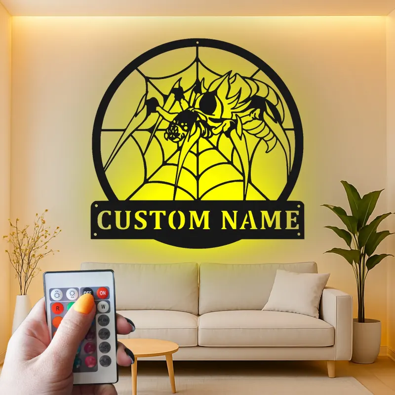 Insegna in metallo personalizzata con ragnatela | Arte murale LED personalizzata | Decorazione per man cave gotica e regalo per amanti degli aracnidi