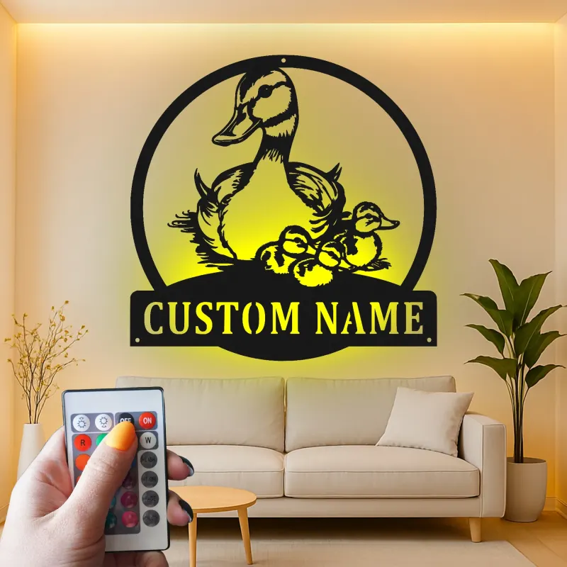 Cartel de metal personalizado con familia de patos y luz LED, regalo personalizado para amantes de la naturaleza, decoración para guardería o salón