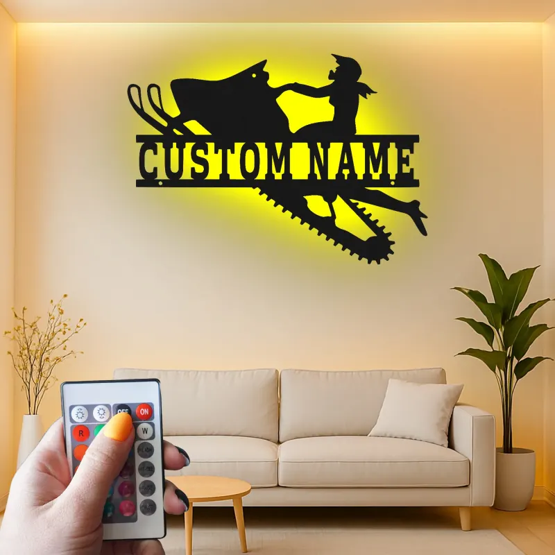 Insegna LED personalizzata per donna in motoslitta | Decorazione murale in metallo su misura | Regalo invernale per lei | Silhouette rider