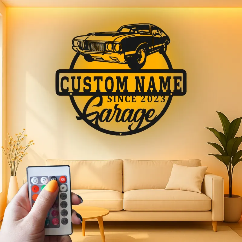 Insegna in metallo personalizzata con luce LED per auto classiche - Regalo per lui, decorazione automobilistica per man cave