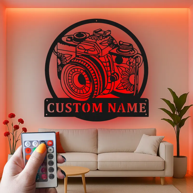 Personalisierte Vintage Kamera LED Licht Metall-Wandkunst Geschenk für Fotografen, Studio- oder Bürodekor