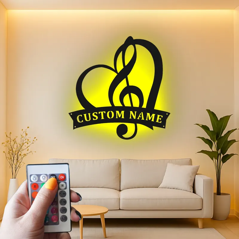 Panneau note de musique personnalisé | Décoration murale en métal LED sur mesure | Cadeau romantique pour musicien | Décor cœur et clé de sol