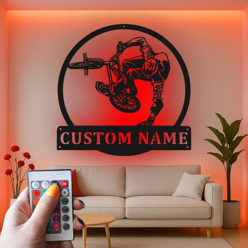 Personalisiertes BMX Radfahrer LED-beleuchtetes Metallschild Geschenk für BMX-Enthusiasten Teenager Schlafzimmer oder Spielzimmer Dekor
