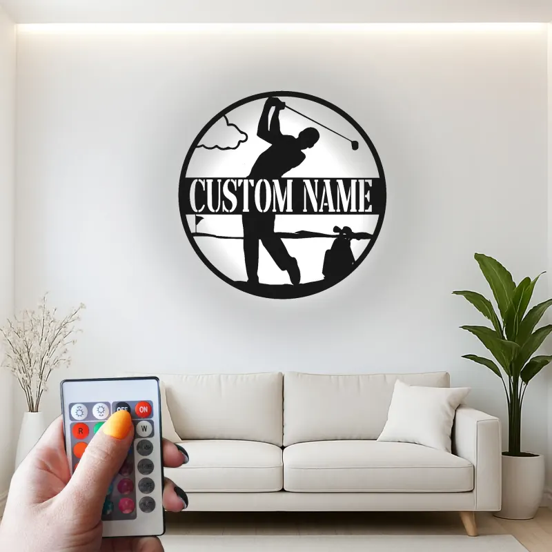 Personalized Golfer Metal Sign | LED Lighted Golf Wall Art | Custom Name Decor for Man Cave & Office Gift