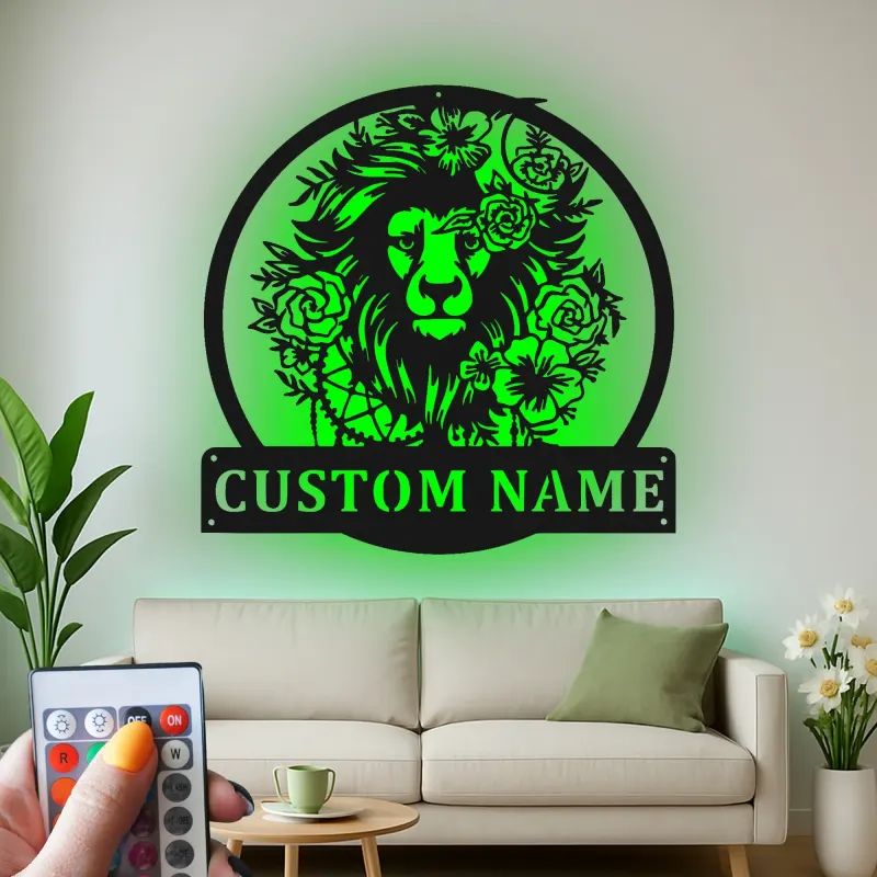 Cartel de león personalizado de metal | Arte mural LED personalizado para salón y hogar | Regalo de decoración de vida salvaje boho
