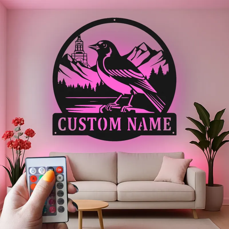 Custom Magpie Mountain Scene Led Light Metal Wall Art Personalized Nature Lover Gift Rustic Home Decor
