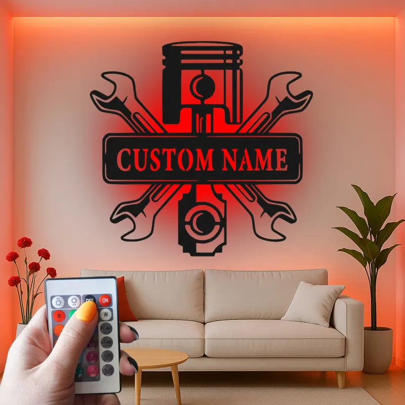 Personalized Mechanic Garage Sign | LED Metal Wall Art with Piston & Wrenches | Custom Automotive Decor for Car Enthusiasts