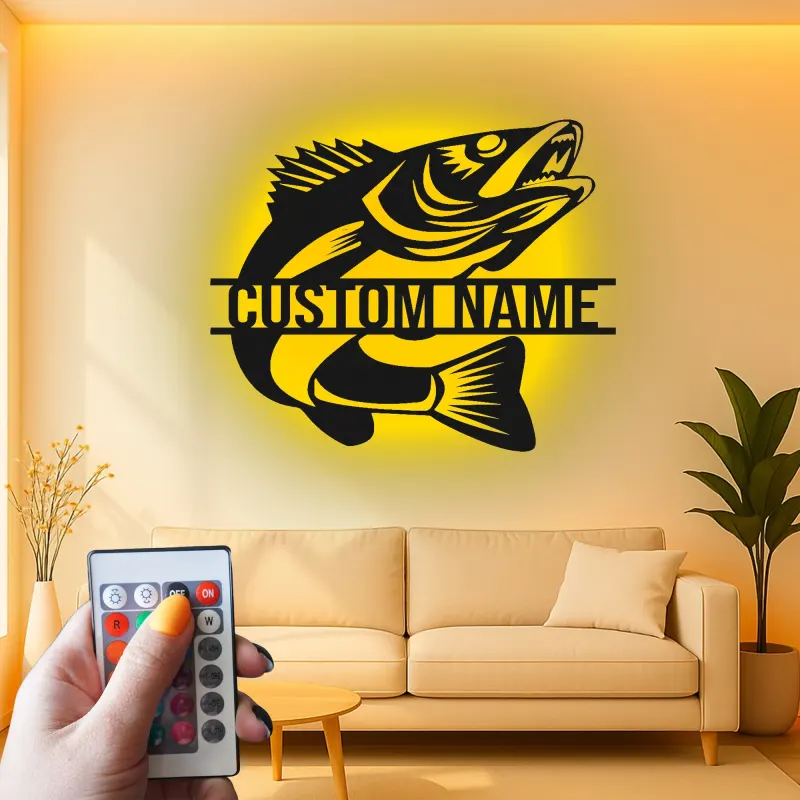 Insegna in metallo personalizzata con pesce e LED | Regalo personalizzato per pescatore | Arredo murale per casa al lago e baita