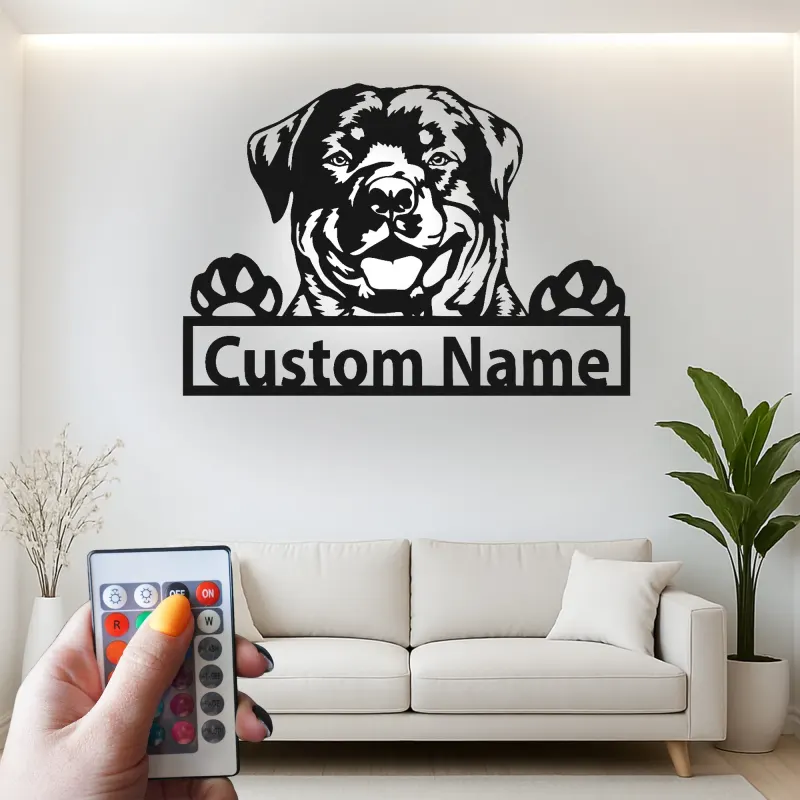 Insegna in metallo personalizzata con Rottweiler | Insegna con nome del cane con luce LED | Regalo per amanti degli animali e decorazione moderna per la casa