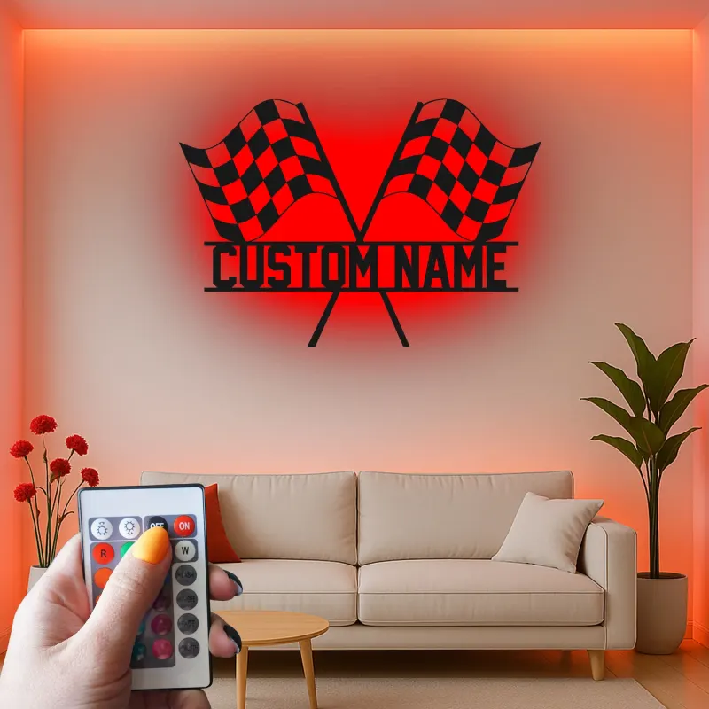 Cartel de metal LED personalizado de banderas de carreras - Regalo para entusiastas de los coches - Decoración para garajes o man caves 2