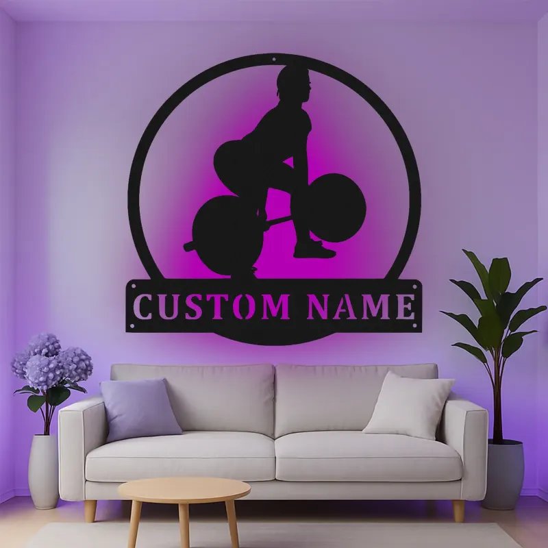 Décoration murale en métal personnalisée pour haltérophile avec rétroéclairage LED - Cadeau de fitness pour passionnés de gym