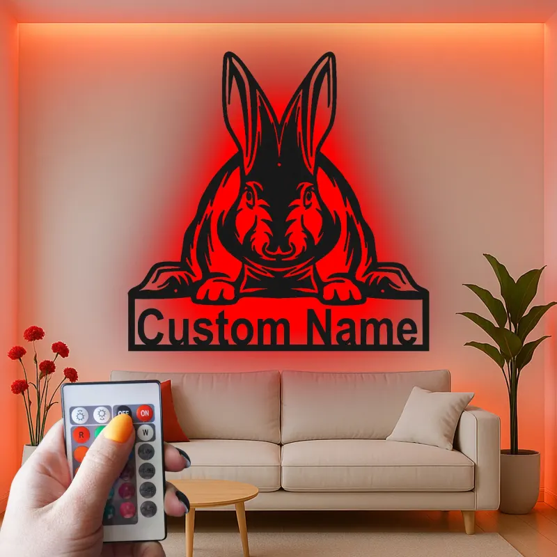 Realistic Rabbit LED Sign | Custom Metal Name Plaque for Nursery | Personalized Bunny Wall Art | Animal Lover Gift