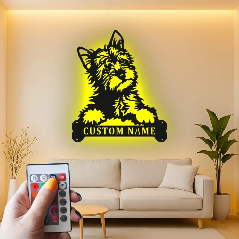 Décoration murale en métal personnalisée avec chien terrier et rétroéclairage LED - Cadeau pour amoureux des animaux