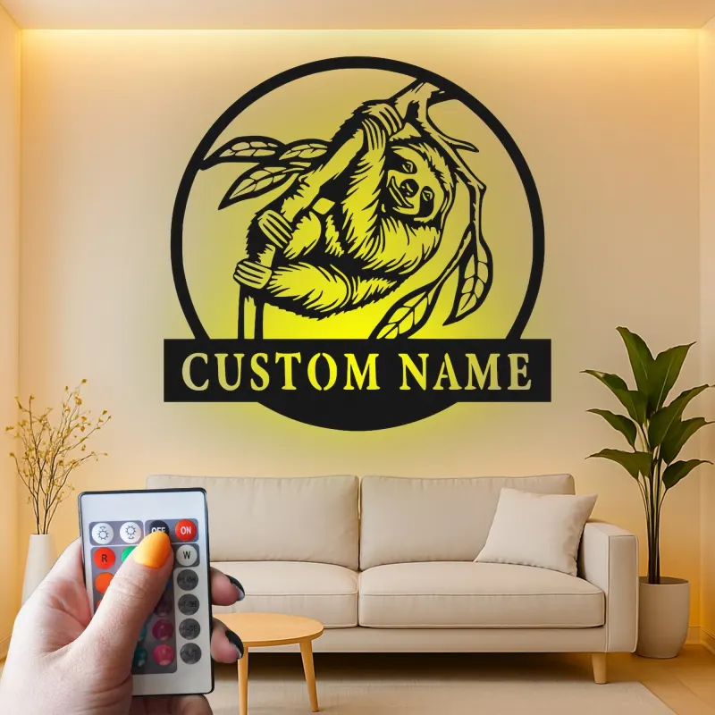 Insegna in metallo personalizzata con bradipo | Decorazione LED della giungla su misura | Regalo unico per amanti degli animali per cameretta o camera da letto