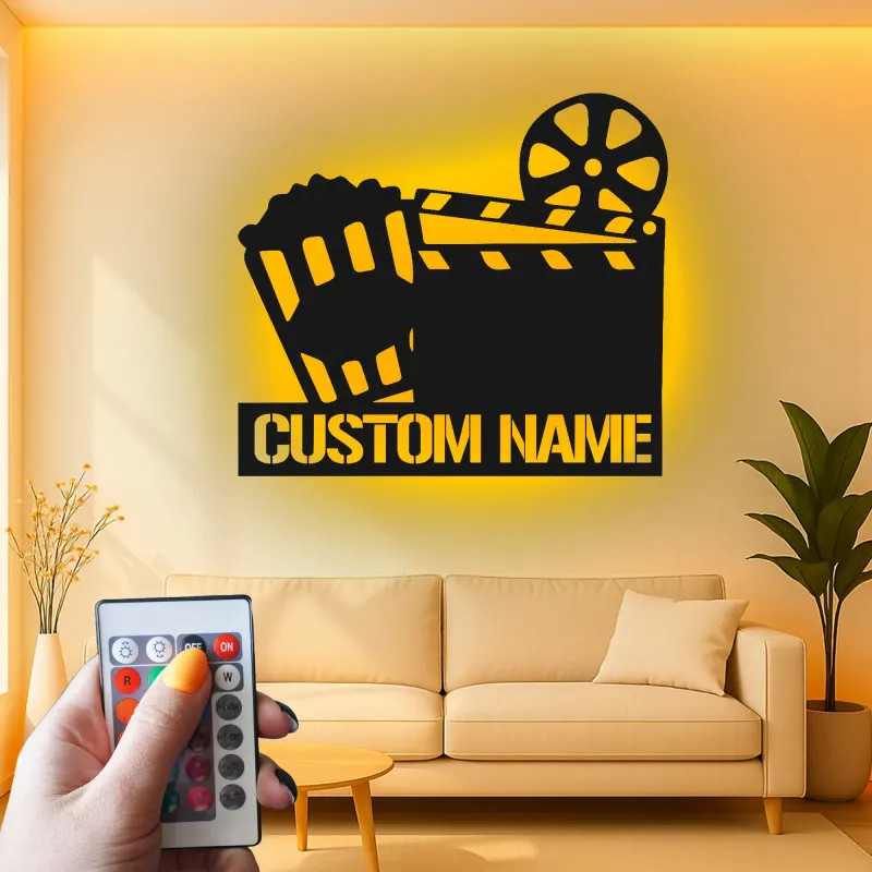 Insegna per Home Theater personalizzata | Decorazione LED per cinema | Arte in metallo con clapperboard personalizzata | Regalo per cinefili