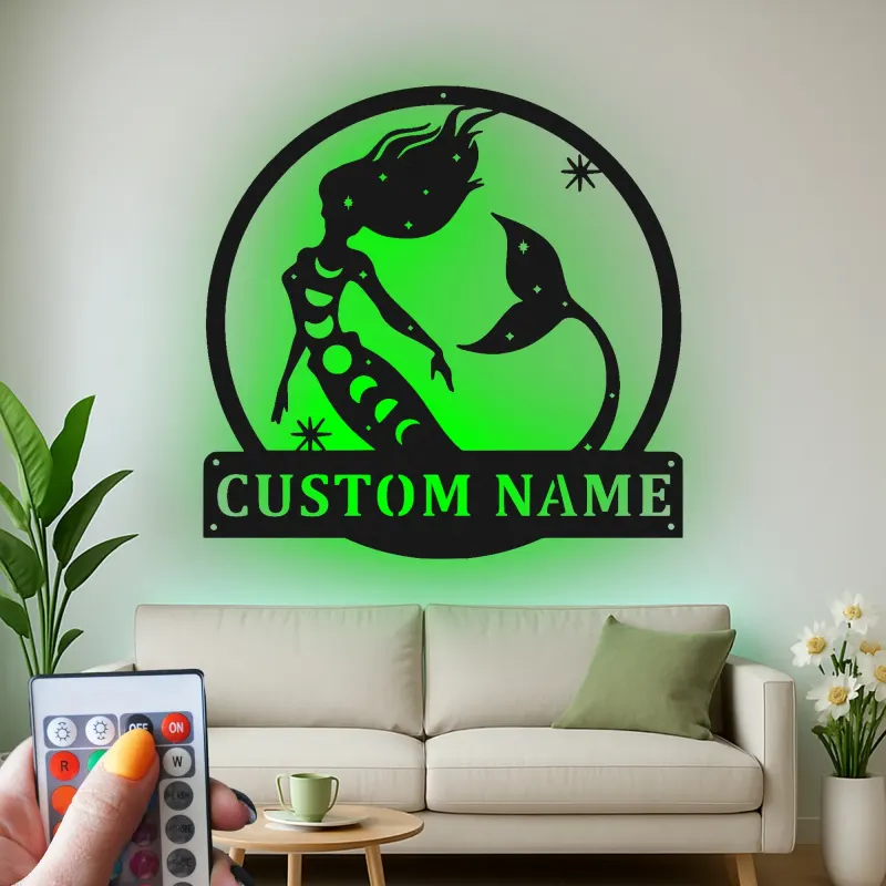 Arte mural de sirena personalizada | Letrero LED de metal a medida para habitación de niña | Decoración náutica mística con nombre