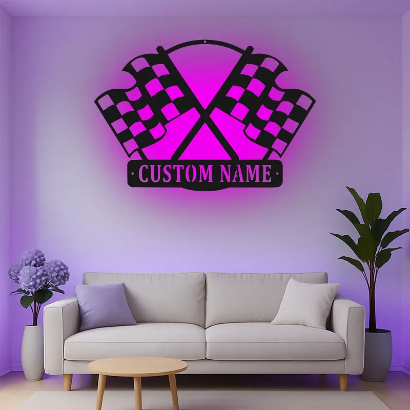 Insegna in metallo LED personalizzata con bandiere da corsa - Regalo per appassionati di auto, decorazione per garage o man cave 1