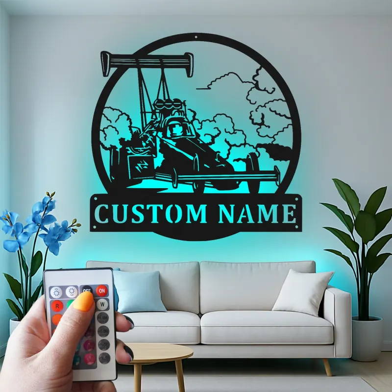 Cartel de metal personalizado con coche de carreras dragster con luz LED, regalo personalizado para entusiastas de los coches, decoración para garaje