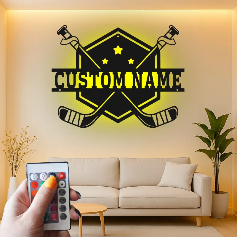 Insegna con nome per hockey personalizzata | Arte in metallo LED per parete | Regalo personalizzato per giocatore per sala giochi | Decorazione per bar sportivi e camere da letto