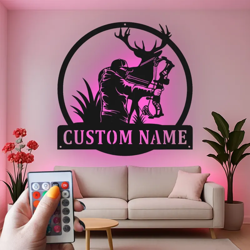Insegna in metallo personalizzata con luce LED per cacciatori di arco e cervi, regalo personalizzato per cacciatori, decorazione per man cave o cabin