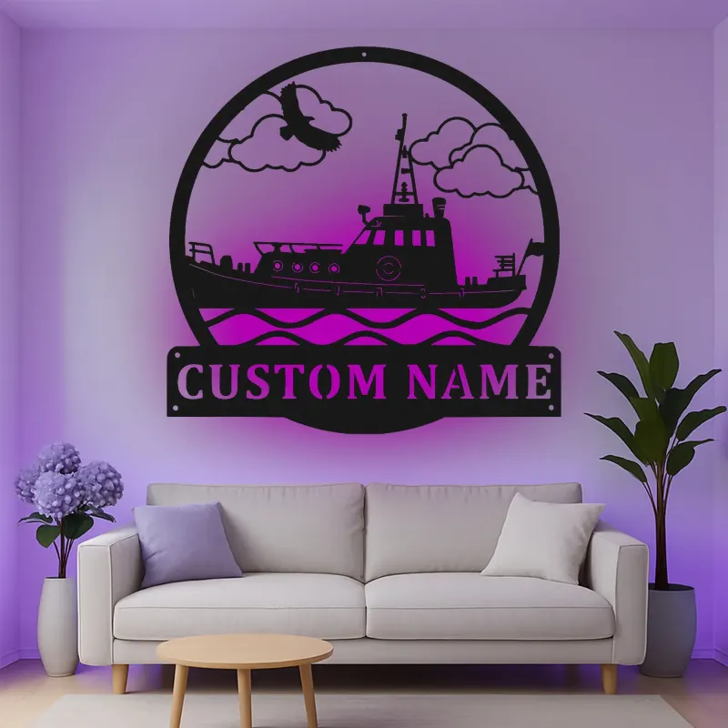 Décoration murale en métal personnalisée Remorqueur avec rétroéclairage LED Cadeau nautique pour les amoureux de bateaux Décor maritime personnalisé pour la maison