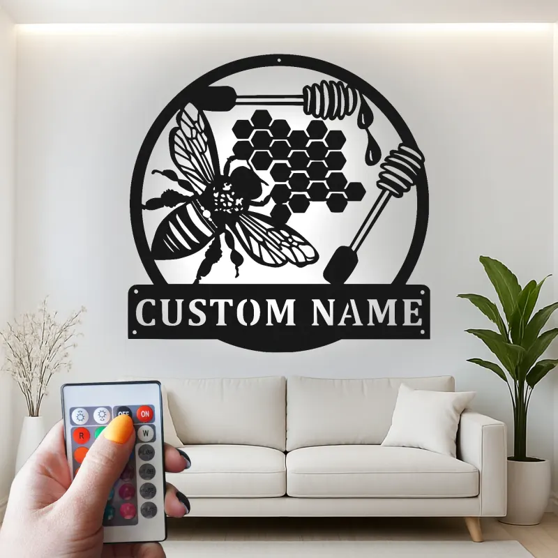 Décoration murale en métal personnalisée Abeille et Rayons de miel avec rétroéclairage