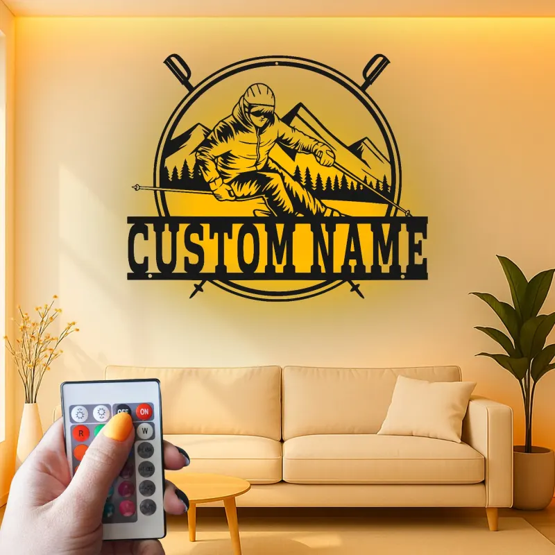 Personalisierte LED-beleuchtete Metall-Wandkunst für Skifahrer – Einzigartiges Geschenk für Ski-Enthusiasten im Berg-Lodge-Dekor