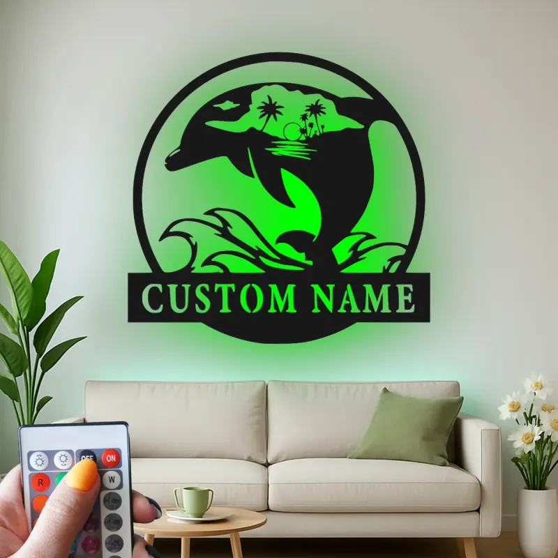 Custom Dolphin Ocean Scene Led Light Metal Wall Art Personalized Beach Lover Gift Coastal Living Room Decor
