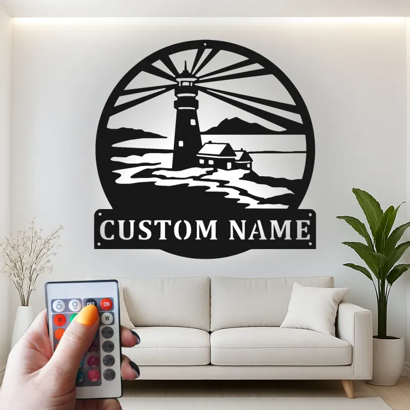 Cartel de metal LED personalizado de faro, regalo costero, decoración náutica para casa de playa 1