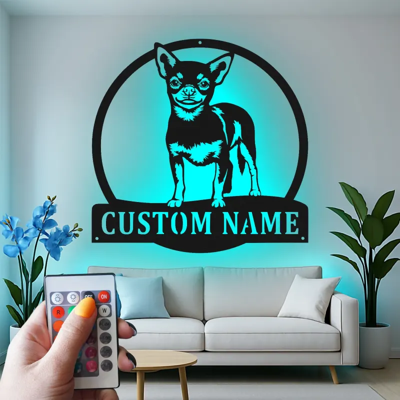 Décoration murale en métal personnalisée Chihuahua avec Rétroéclairage - Cadeau pour Amateurs de Chiens - Décor de Salon