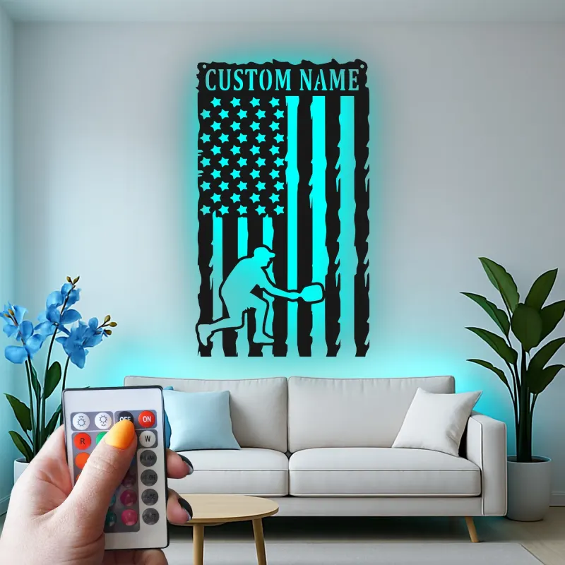 Pickleball Player Metal Wall Art | Custom Name American Flag LED Sign | Patriotic Sports Decor for Home or Gym | Hand-Crafted Steel