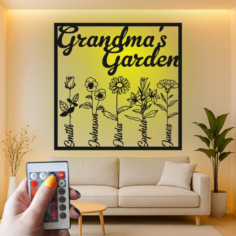 Personalisiertes Omas Garten Schild | Individuelle Metall-Wandkunst mit LED-Lichtern | Familienname-Dekoration | Geschenk für Oma