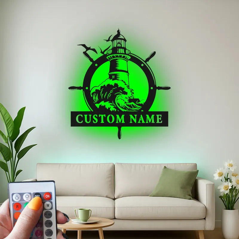 Insegna in Metallo Personalizzata con Faro | Arte Nautica da Parete con LED | Decorazione per Casa Costiera e Regalo per Casa al Mare