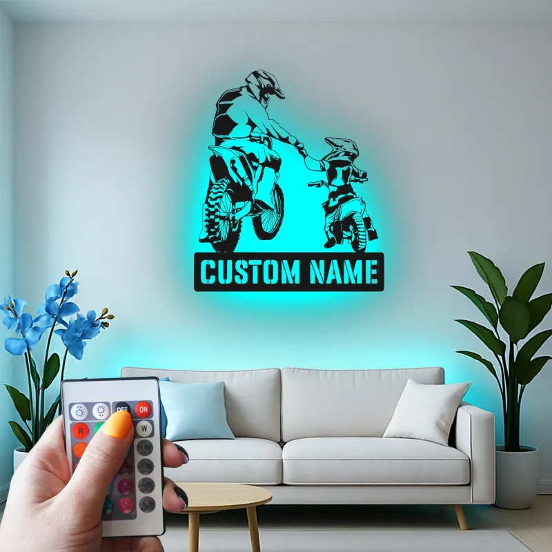 Cartel de Motocicleta Personalizado para Padre e Hijo | Arte de Pared LED para Motocross | Regalo Personalizado para Papá
