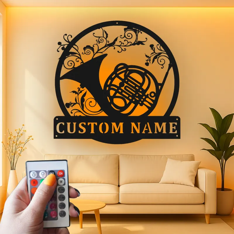 French Horn Metal Wall Art | Personalized LED Sign for Music Room | Custom Musician Name Plaque | Studio Decor Gift