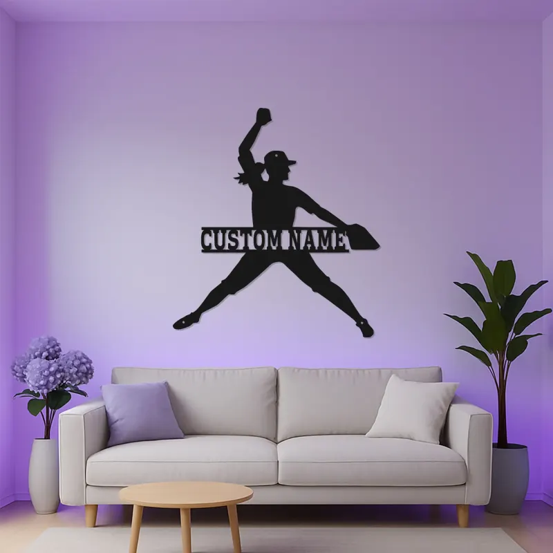 Cartel de metal personalizado de lanzadora de softball | Luz LED de nombre para habitación de chicas | Regalo personalizado para atleta | Arte mural deportivo femenino