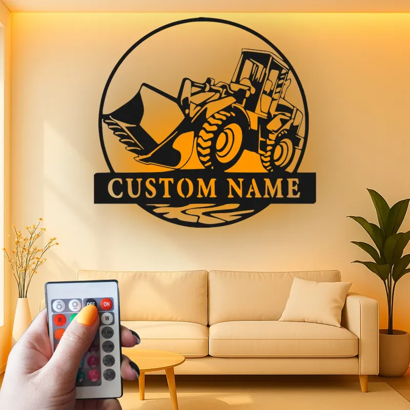 Décoration murale en métal personnalisée avec rétroéclairage Bulldozer - Cadeau pour passionnés de construction - Décor de garage ou atelier