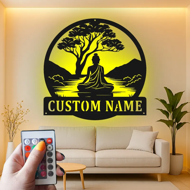 Cartel de metal personalizado de Buda meditando con luz LED regalo zen para entusiastas del yoga decoración tranquila del hogar